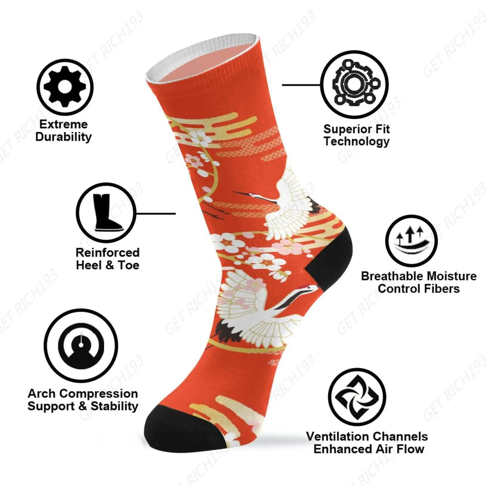 Happy New Year Japanese Crane Athletic Crew Socks Over The Calf Tube Socks Peformance Cushion For Men Women