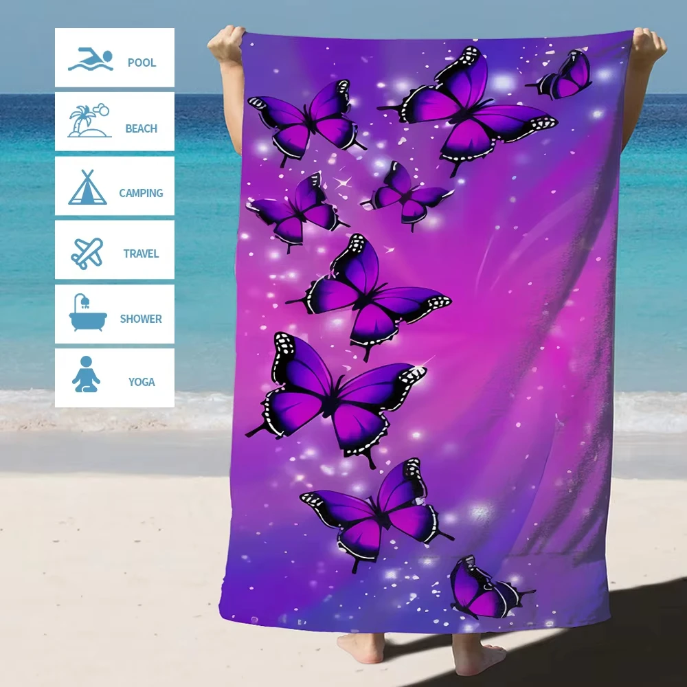 Toalla de playa morada con estampado de mariposas, microfibra, absorbente, ligera, de secado rápido, para yoga, natación, vacaciones