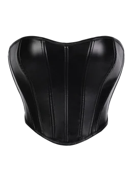 Women's Faux Leather Strapless Corset Top, Sexy Boned Waist Cincher Bustier for Slimming