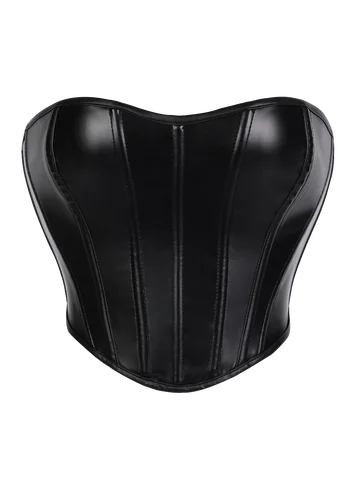 Women's Faux Leather Strapless Corset Top, Sexy Boned Waist Cincher Bustier for Slimming