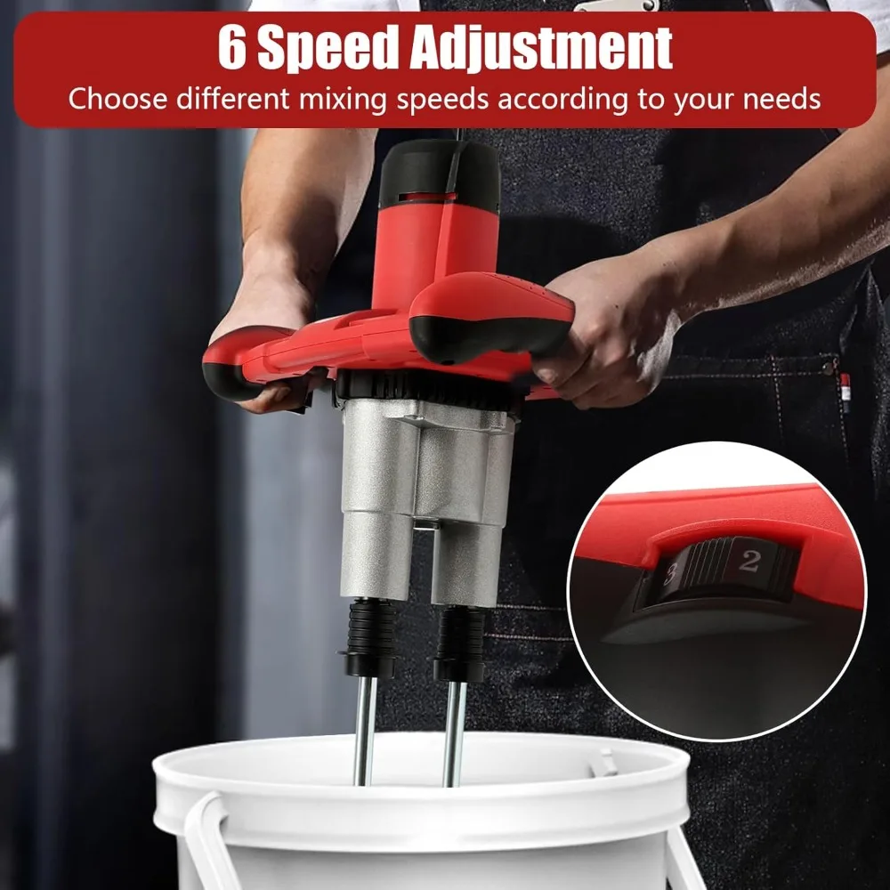 Double-Paddle Electric Cement Mixer with 6 Adjustable Speed, Handheld Electric Concrete Mixer, Portable Mud Mixer, Double