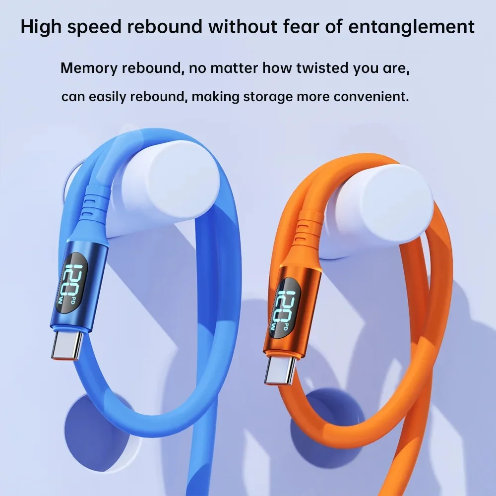 120W USB C To Type C Cable Fast Charging Digital Display Silicone Anti Breakage Fast Charging Cords for Apple Android Universal