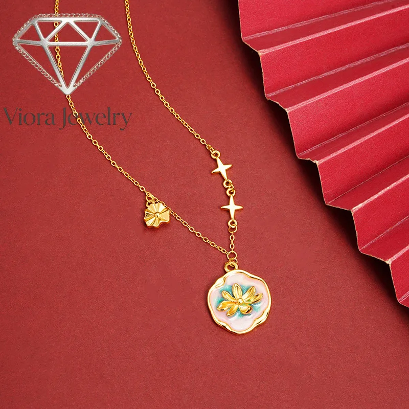 

Viora Jewelry New 9999 24K real gold necklace, national dripping oil water lily collarbone chain, female Chinese style retro jew