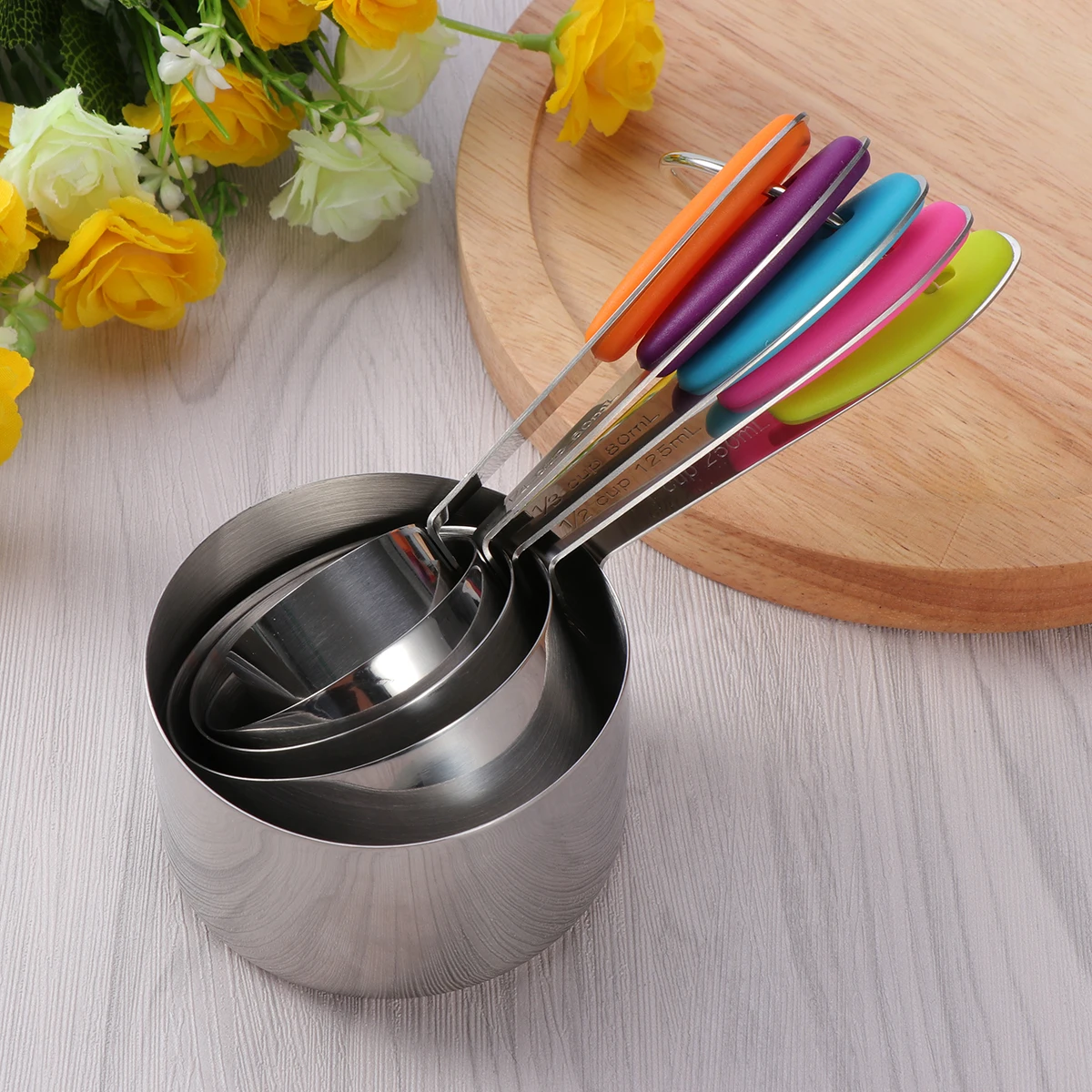 

5pcs Anti-slip Measuring Cups Stainless Steel Stackable Baking Cup Set Food Safe Engraved Handles Color Coded Kitchen Tools