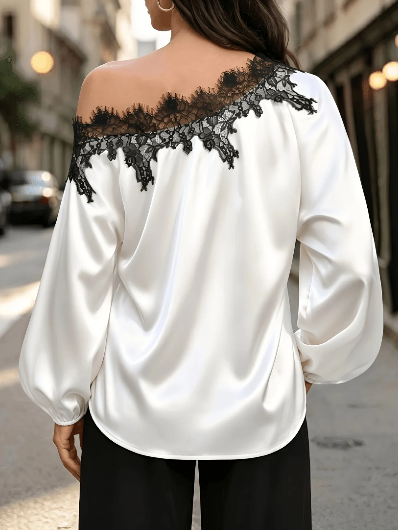 Women's Off-Shoulder Satin Blouse Black Lace Trim Puff Long Sleeve Top Elegant Casual Fashion