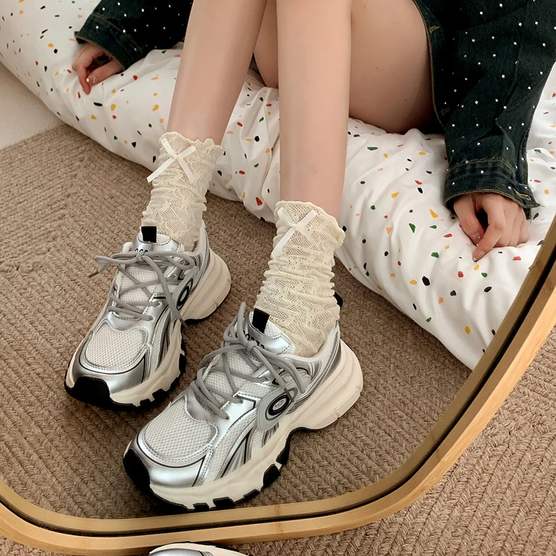 Ladies Sneakers Women Mesh Solid Color Female Sneakers Patchwork Thick Sole Lace-up 2024 Spring Female Leisure Shoes Handmade