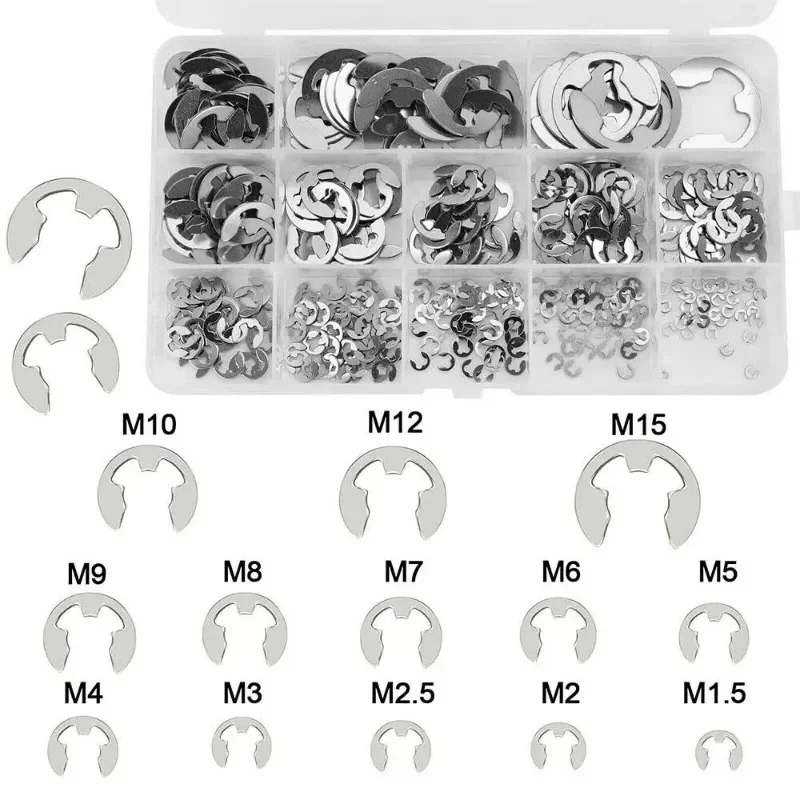 400pcs 304 Stainless Steel Washer Set E Clip Snap Circlip Gasket External Retaining Ring Kit for Shaft Fastener Shaft 1.5-15mm