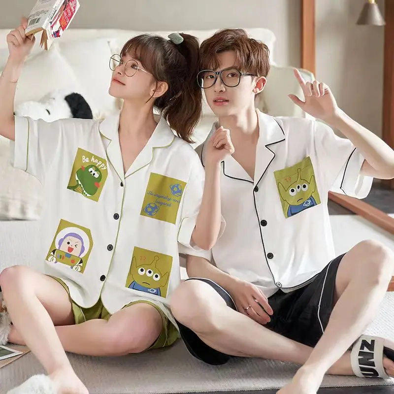 

Couple Lovers Pajamas Set for Men Woman Cartoon Summer Thin Pyjama Dinosaur Sleepwear Ice Silk Matching Roomwear Home Clothes