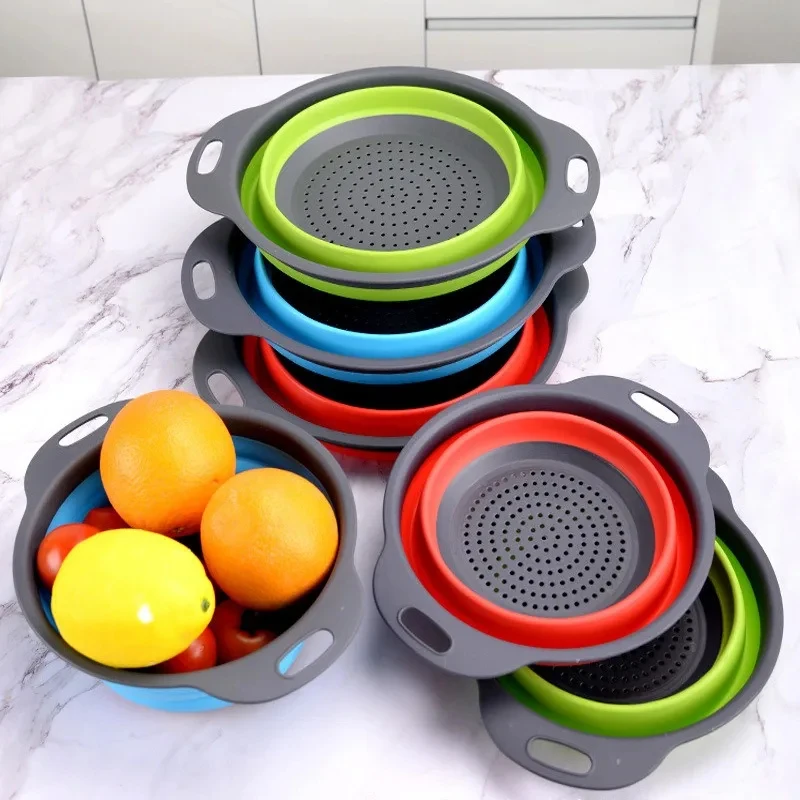 Kitchen Vegetable Washing Basket, Round Foldable Silicone Drainage Filter Equipped With Lightweight Plastic Hand Grip