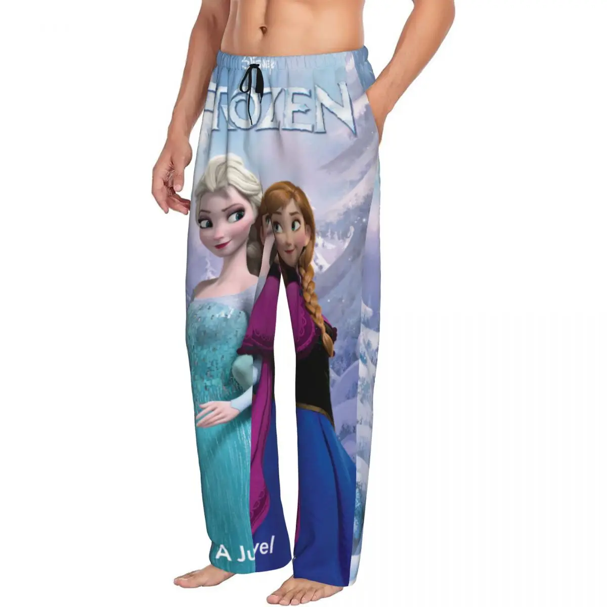 Custom Cartoon Frozen Pajama Pants for Men Anna And Elsa Lounge Sleep Stretch Sleepwear Bottoms with Pockets