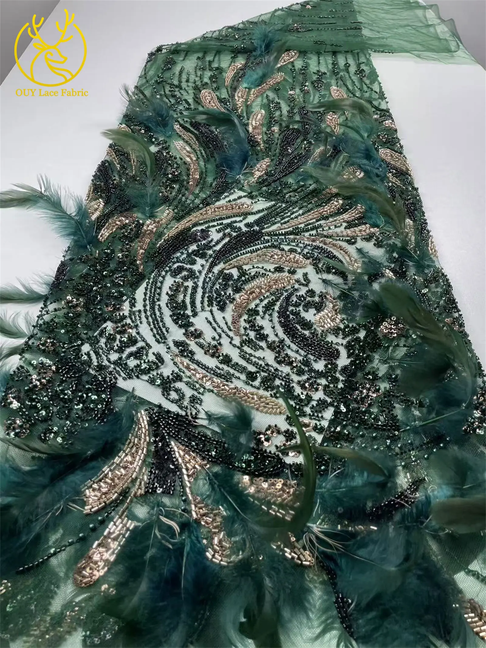 Mais recente tecido de renda de penas 3d europeu 2025 luxo nigeria artesanal frisado lantejoulas tecido de renda casamento banquete vestido material