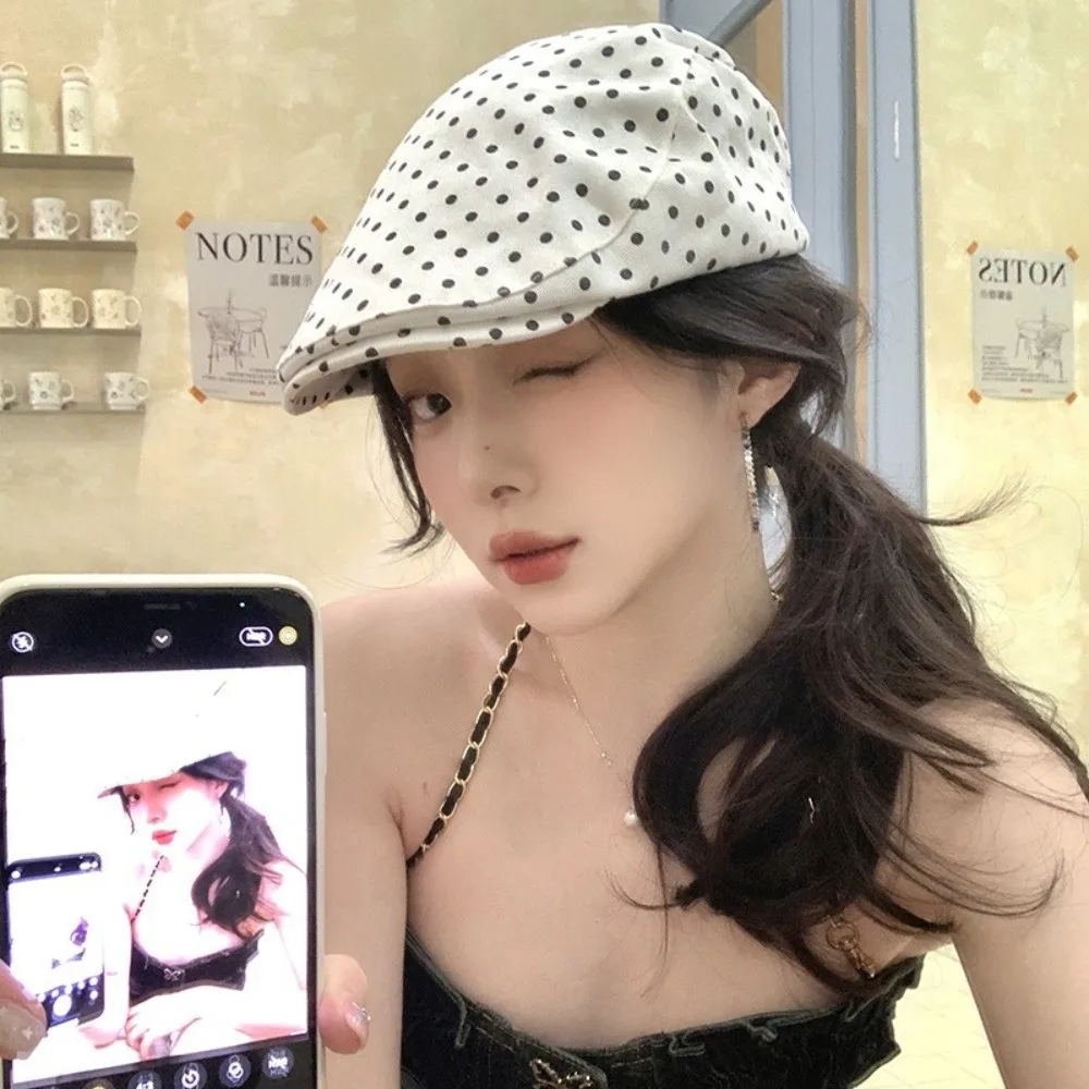 Versatile Polyester Polka Dot Berets Lightweight Cotton Vintage Forward Hats Adjustable Sweet Newsboy Cap Casual Wear