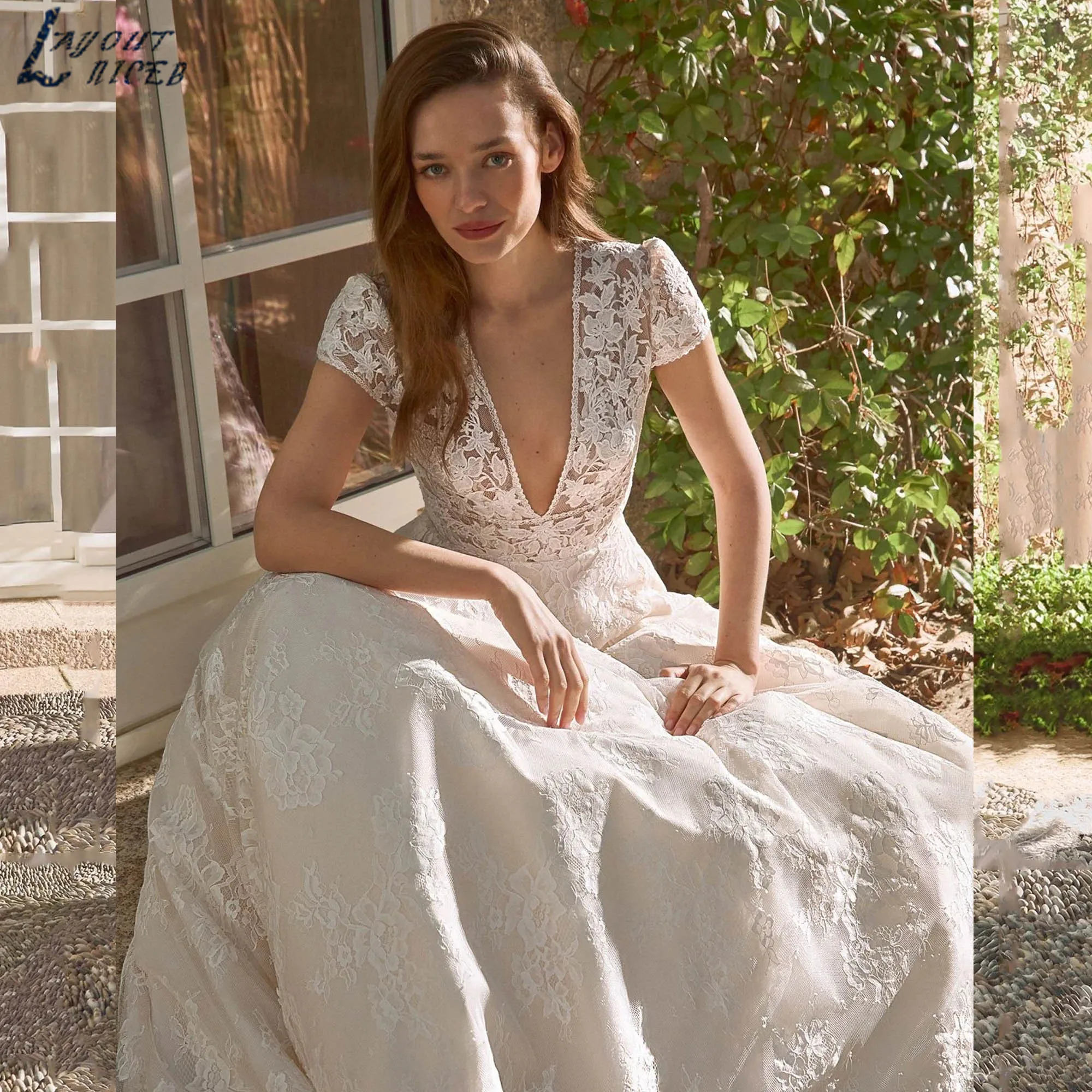 Luxury Lace Tulle Wedding Dress Short Sleeves Deep V-neck A-line Bridal Gowns Classic Illusion Back vestidos de novia Customized