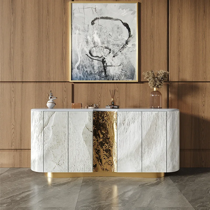 

Marble entrance cabinet, living room carved decorative cabinet, villa solid wood dining side cabinet