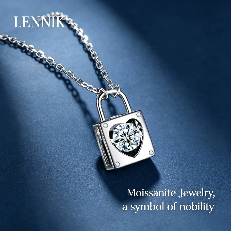 LENNIK S925 Sterling Silver Love Lock Smart Necklace Women's Simple Beating Heart Moissanite Pendant Silver Jewelry