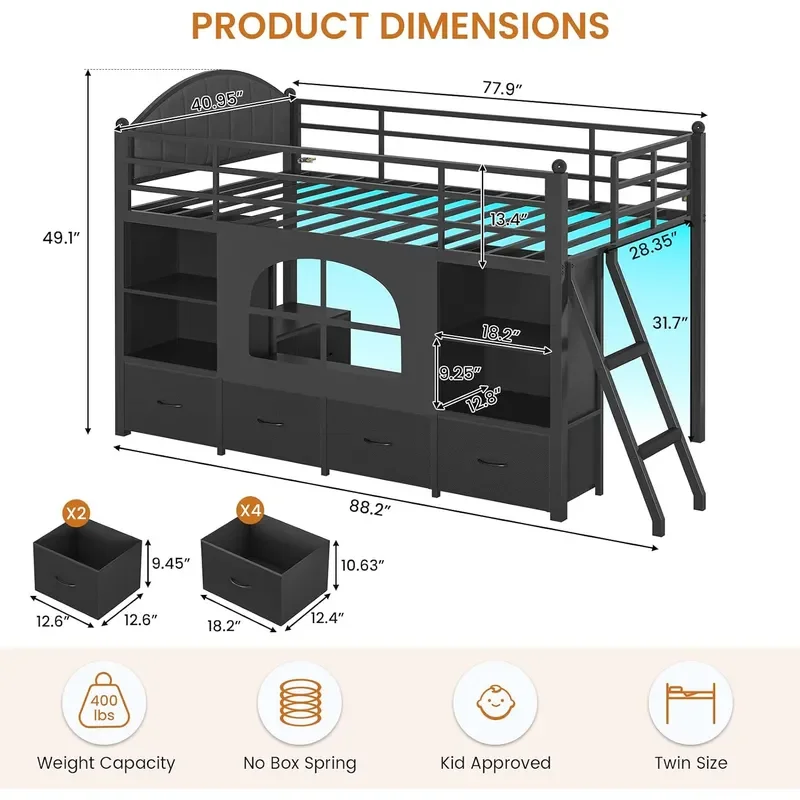 Twin Low Loft Bed with 6 Drawers 4 Bookshelf LED Lights Black