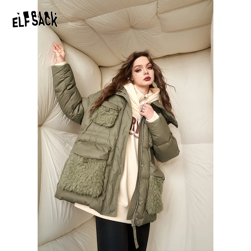 ELFSACK Spliced Thick Down Coats Women 2023 Winter New Korean Fashion Designer Jackets