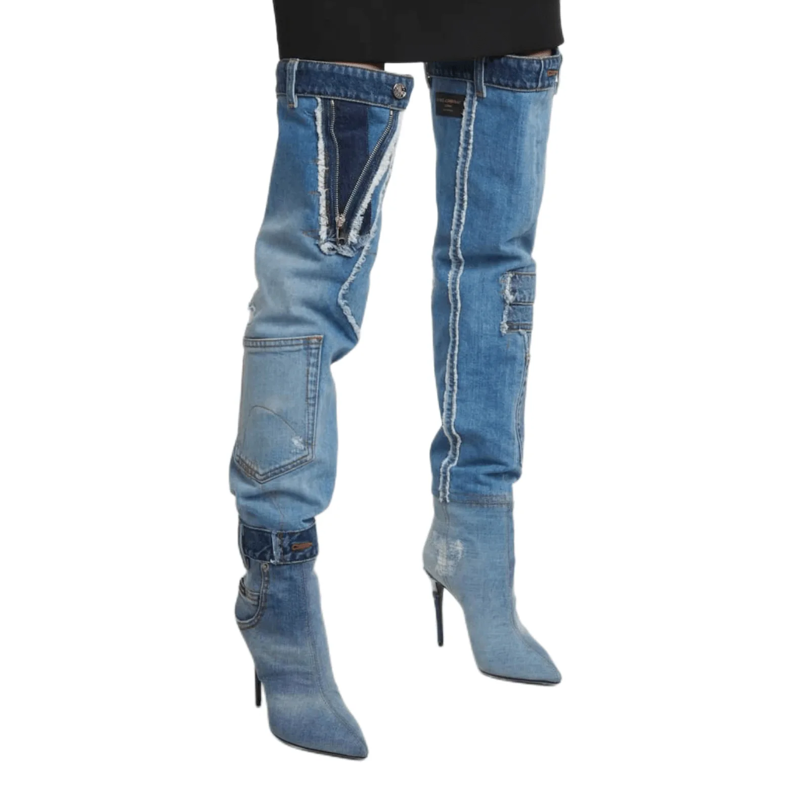 Winter New Arrivals Warm Fleece Blue Denim Over-the-Knee Boots Stiletto Heel Pocket Pointed Toe Zipper Women\'s Shoes