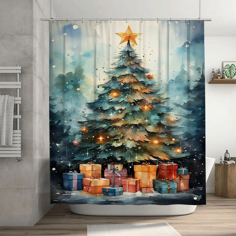 

TuniuFestive Christmas Tree Shower Curtain with Presents Holiday Forest Bathroom Decor Cozy Winter Vibes Unique Gift Charming Ho