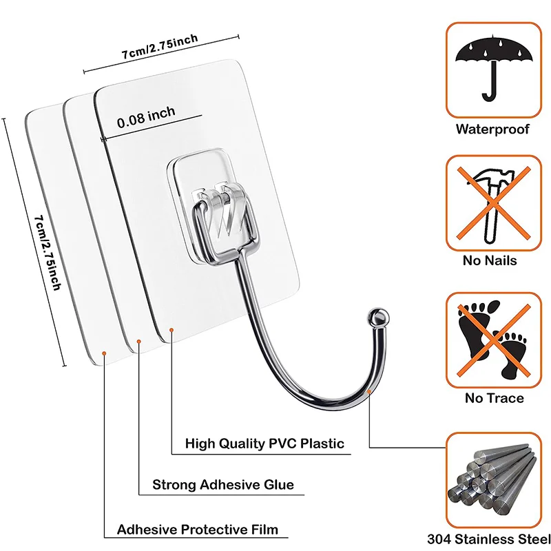 5/10Pcs Large Hooks Heavy Duty 22 lbs Waterproof Adhesive Wall Hooks Nail-Free Transparent Waterproof Hooks for Kitchen Bathroom