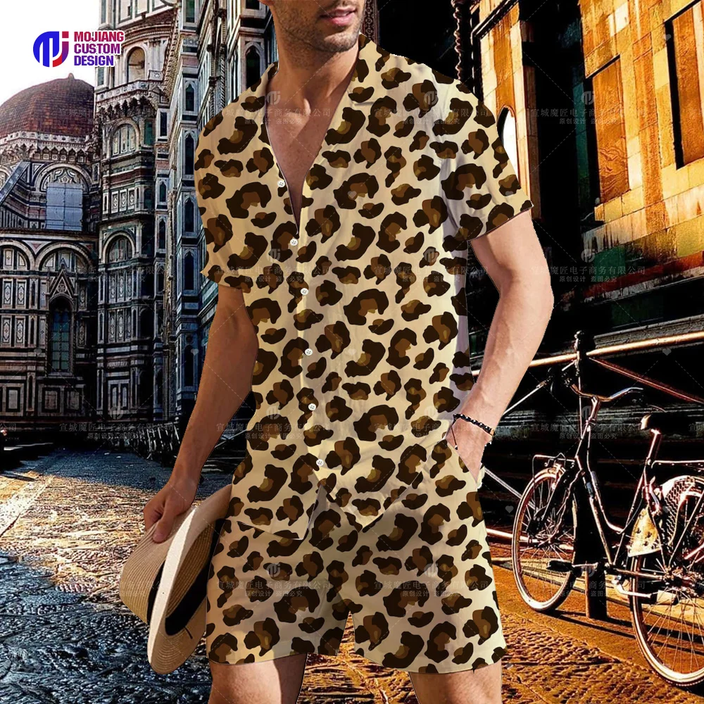 2023 Summer Men\'s Leopard Print Colorful 3D Lapel Shirt Button Short Sleeve + Shorts Set Men\'s Sports Hip Hop Set 2 Pieces