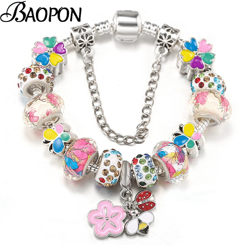 BAOPON, Pulseras de cuentas de flores de cristal coloridas con Pulseras con dijes, brazaletes para mujeres y hombres, bisutería de novia, Pulseras, regalo de joyería