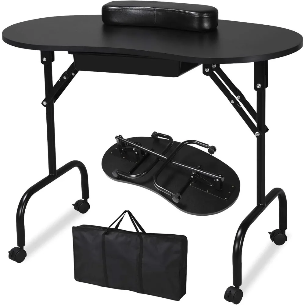 Table de manucure portable et pliable, bureau à ongles, poste de travail avec grand tapis de poignet client, roues contrôlables, transport, 37 po