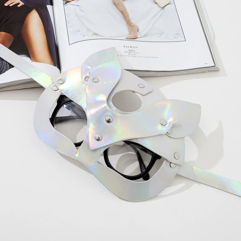 Máscara Sexy para mujer, medio ojos, cara de gato, máscara de piel sintética para fiesta de Halloween, máscara de gato divertida de cuero para mujer, juguetes negros para adultos