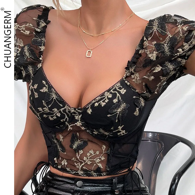 

CHUANGERM Sexy Corset Bufferfly Embroidery Puff Sleeve Tops Women V Neck Summer Backless Sheer Mesh See Through Slim Camisole