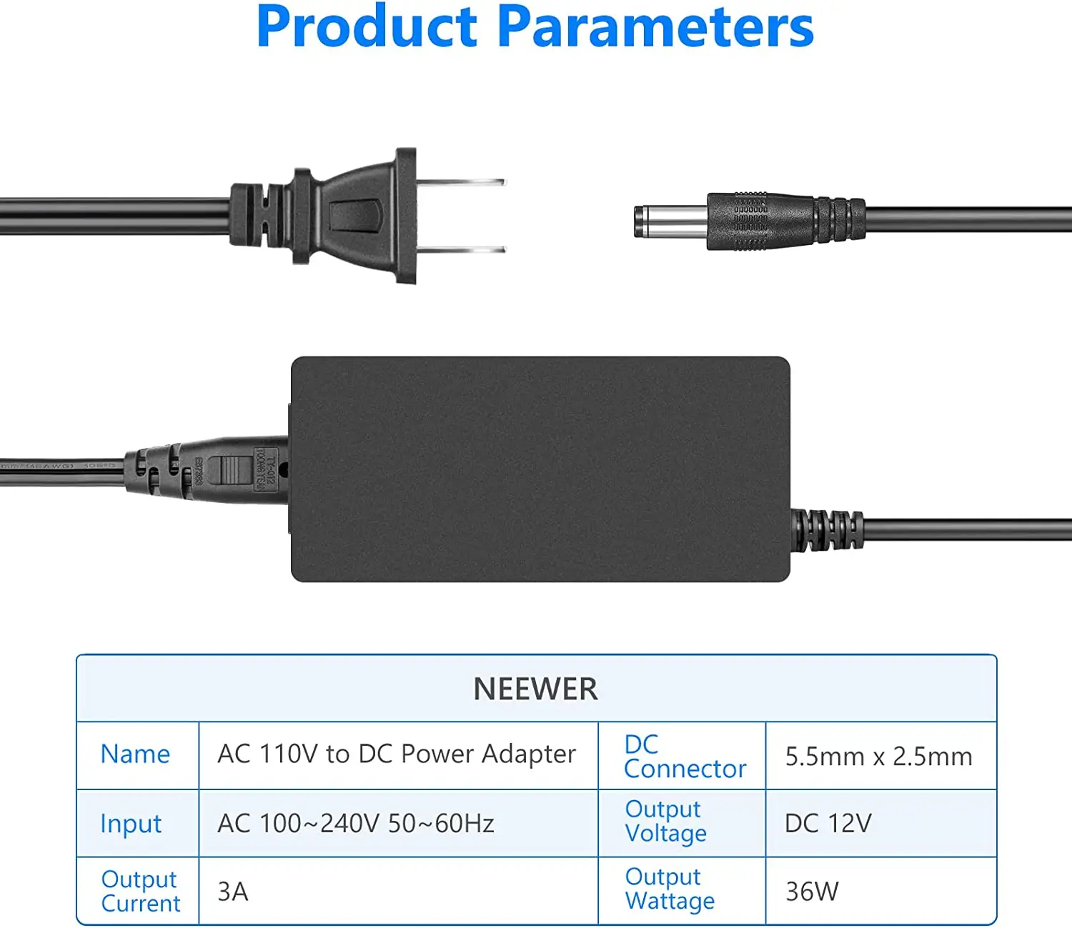 Neewer AC 100-240V to DC 12V 3A 36W Power Supply Adapter with 6.5ft/2M Power Cable for 480 LED Video Light & Ring Light