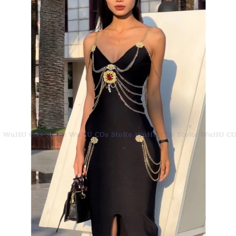 2024 New Sexy Black Evening Dress Women\'s Halter Sleeveless Dress Halter Black Sexy Skirt Dating Dress Chain Belt