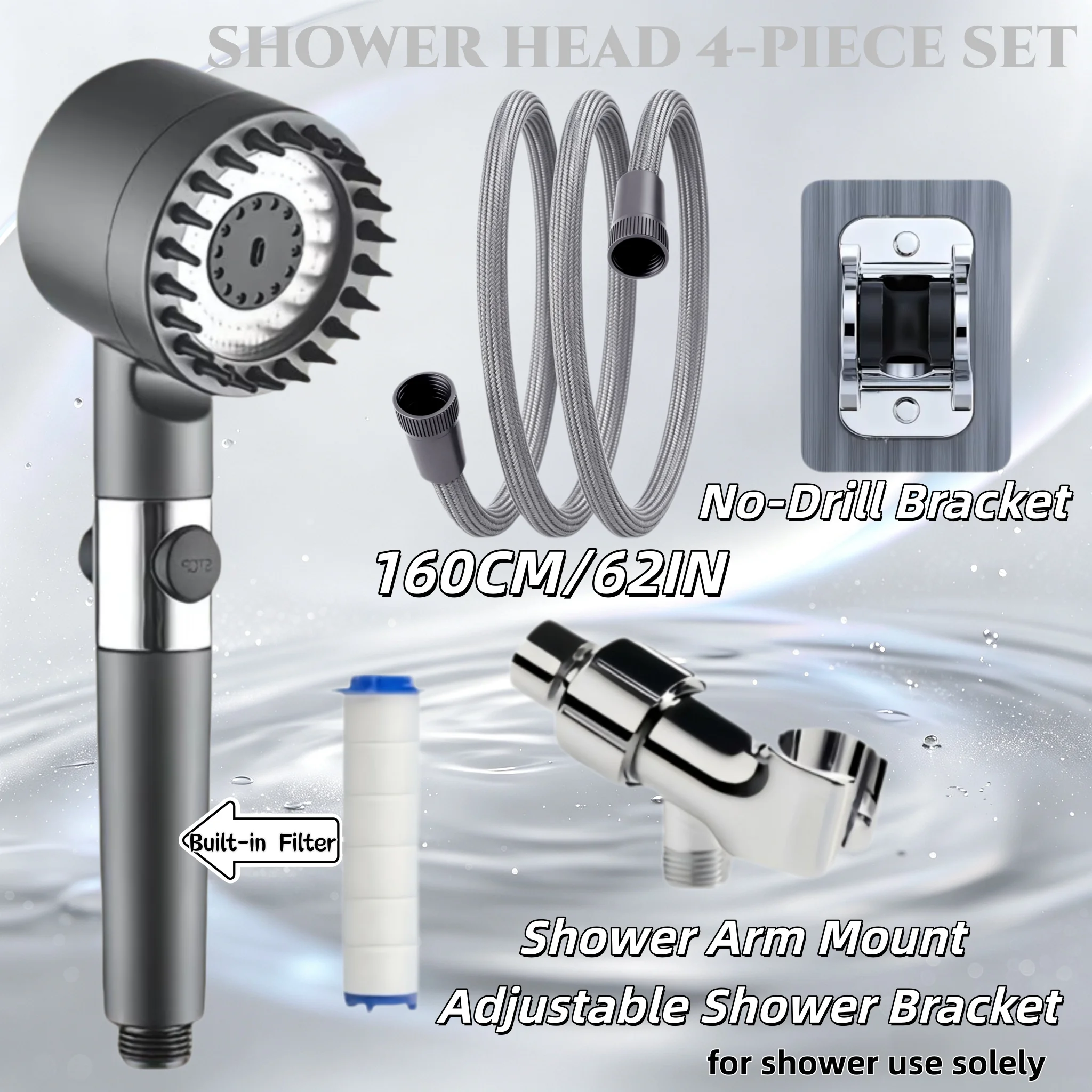 3 Colors Medium Shower Head Set Internal Filter 3‑Modes One‑Key Stop 62in(160cm)Hose No‑Drill & US Bracket,For Shower Only