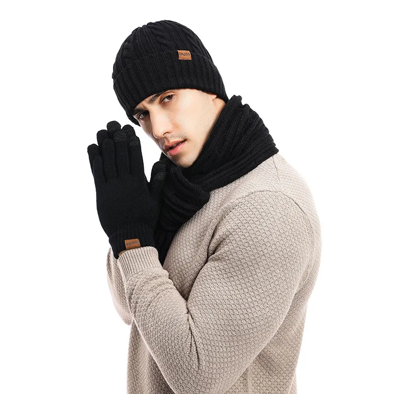 Men's Autumn Winter Keep Warm Set Solid Color Unisex Beanie Gloves Scarf Male Wool Knitted Muffler Spring Fall Fleece Lining Hat