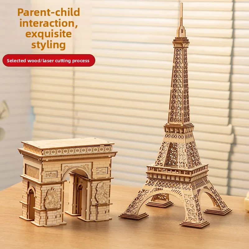 

3D Wooden Eiffel Tower & Arc de Triomphe Puzzle - Ancient Architecture Assembly Model Non-Toxic Kids Creative Gift Desktop Decor