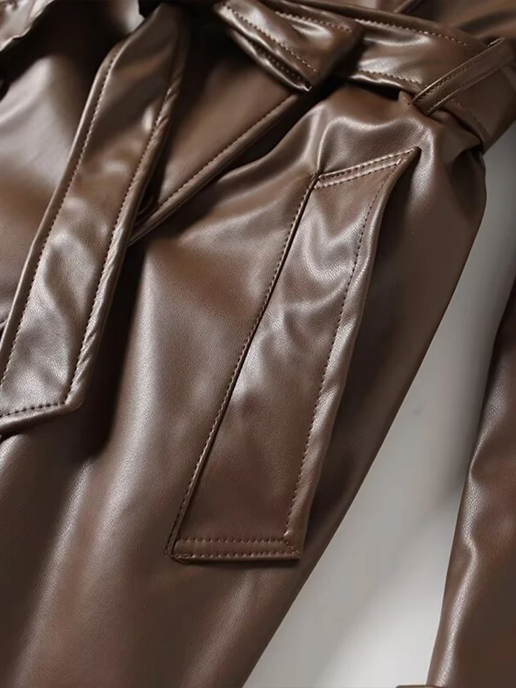 Veste en simili cuir avec ceinture pour femme, manteau long assorti avec tout, style européen, nouvelle mode