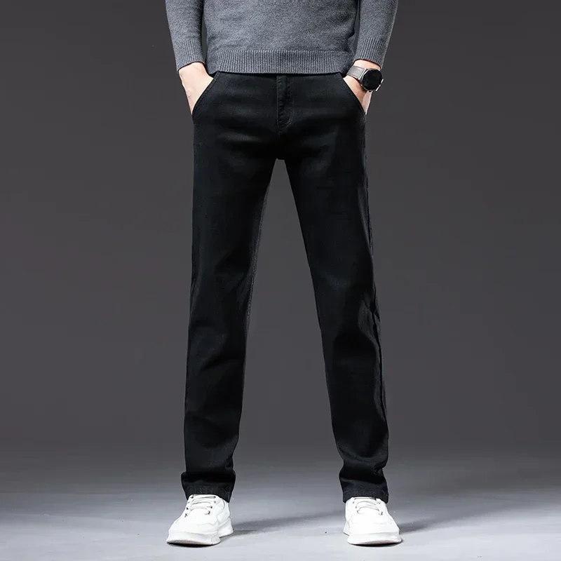 خريف جديد مكافحة سرقة سستة تصميم الرجال الجينز الأسود المستقيم الأعمال عادية تمتد الأقمشة الدنيم السراويل الذكور العلامة التجارية بنطلون