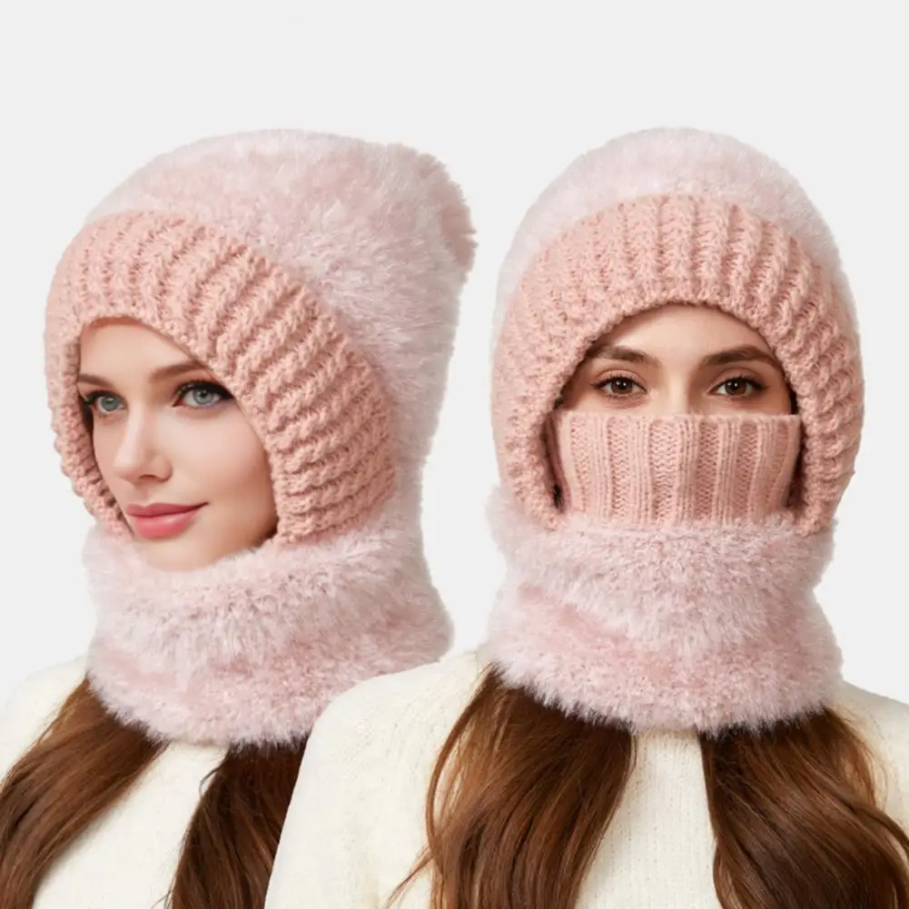 Riding Headgear 3 in 1 Hat Scarf Face Guard Solid Color Plush Ball Decor Thickened Warm Windproof Winter Hat