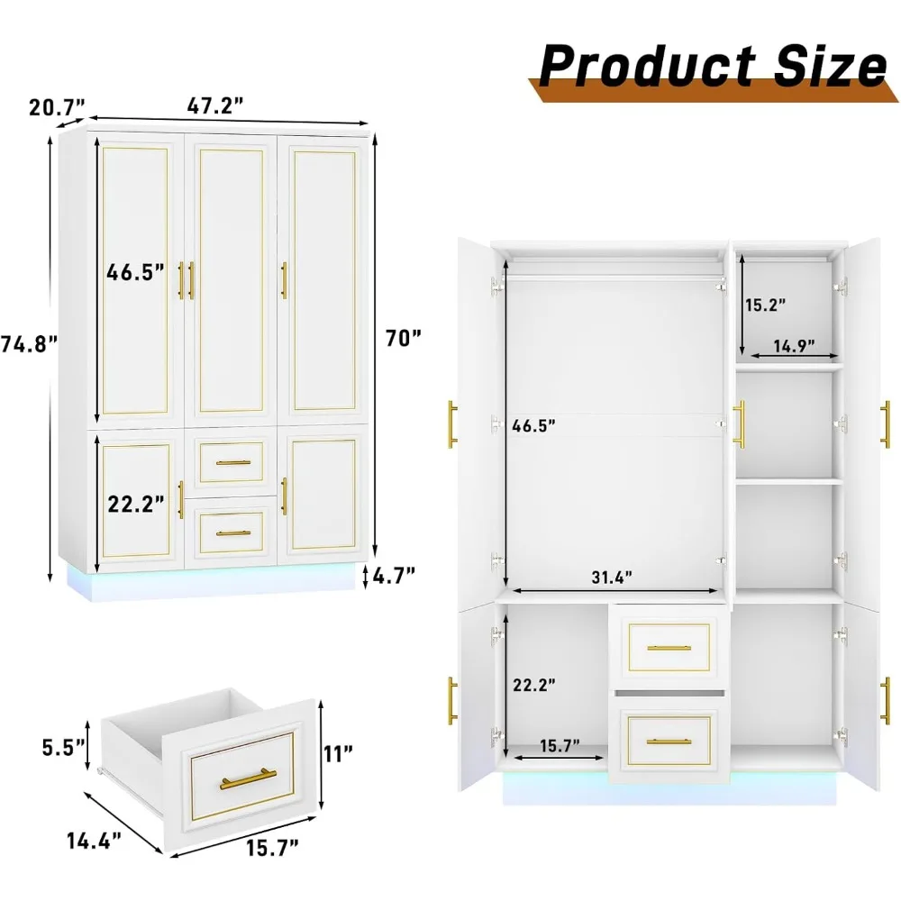 75” Tall 3 Doors Armoire Wardrobe Closet with 2 Drawers and LED Lights, Modern Closet Wardrobe Cabinet with Shelves and Hanging