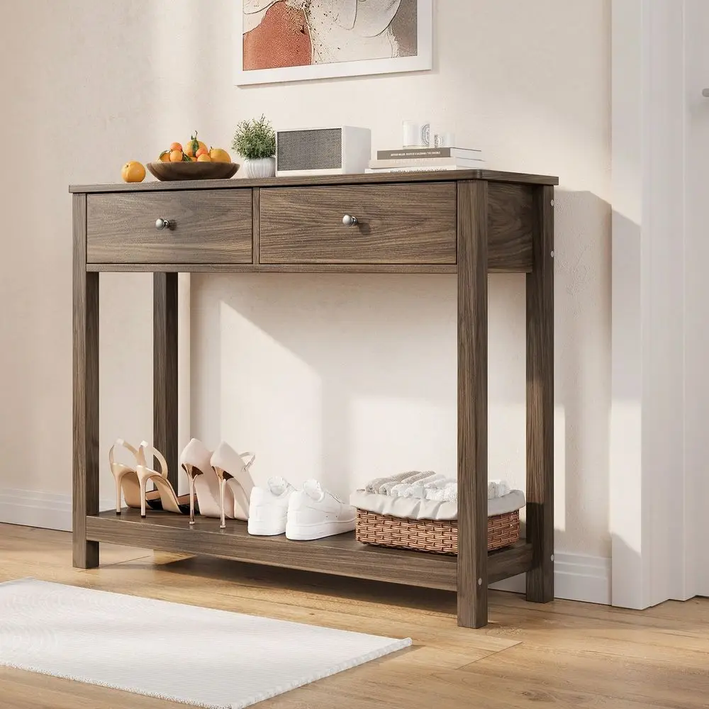 

Console Sofa Table With 2 Drawers, 2Tier Narrow Wood Accent Sofa Table With Storage Shelf, For Entryway, Hallway, Living Room,R