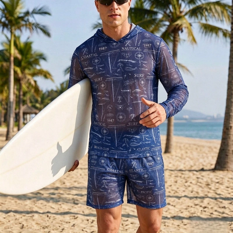 Men 2 Piece Swimsuit Set Long Sleeve Hooded Rash Guard Top+Shorts Tropical Print UPF50+ Beach Surfing Bathing Suit for Summer
