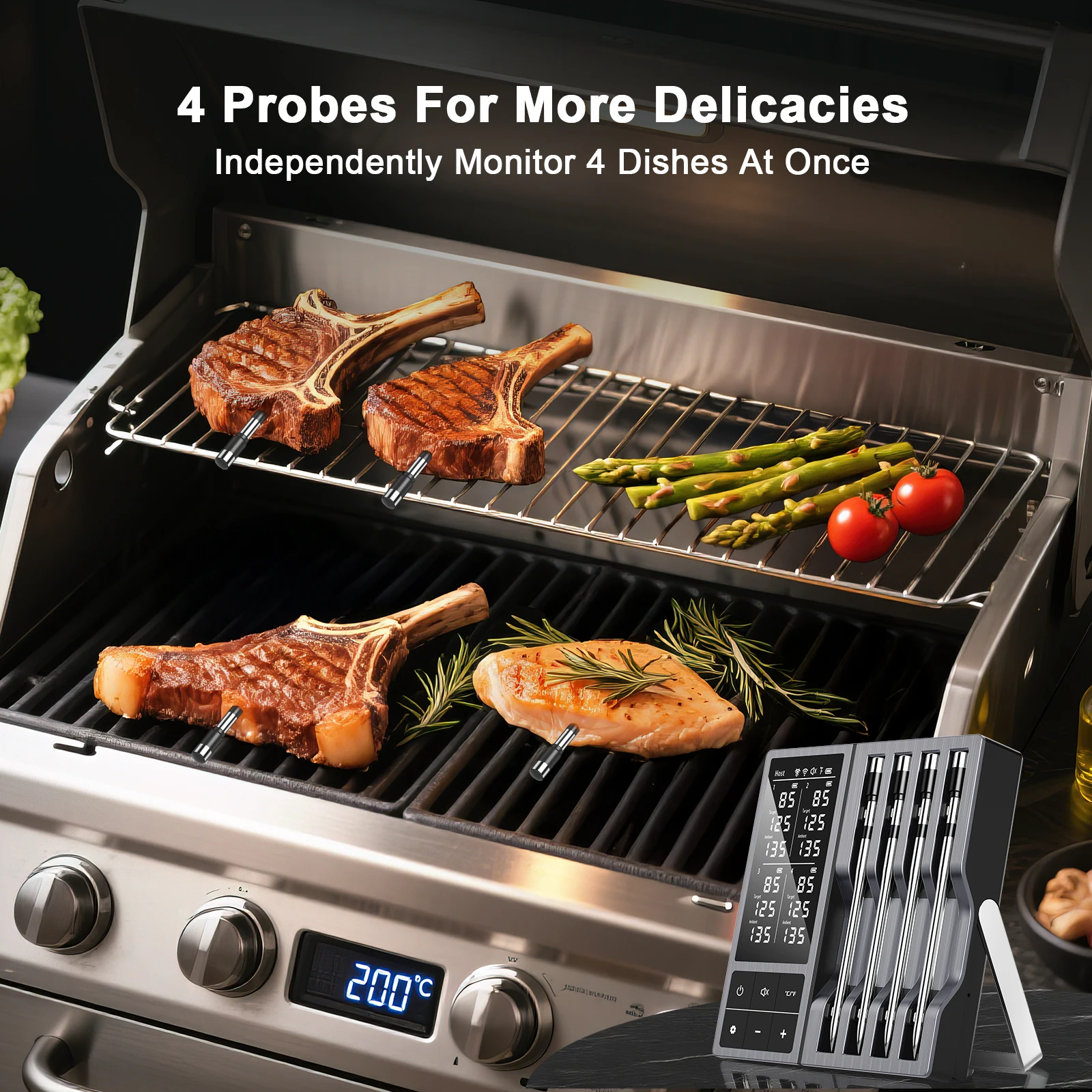 Wireless Meat Thermometer, Instant Read Digital Grill Food Thermometer, 4 X 0.19 In Dual Sensor Probe, 5.2 Bluetooth, 800 ft