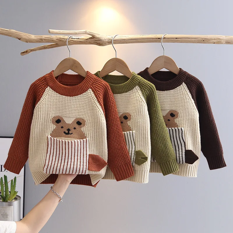 

New Baby Boys Clothes Autumn Winter Loose Children's Knit Sweater Gingham Patchwork Little Boy Front Pocket Top Pullover HY08221