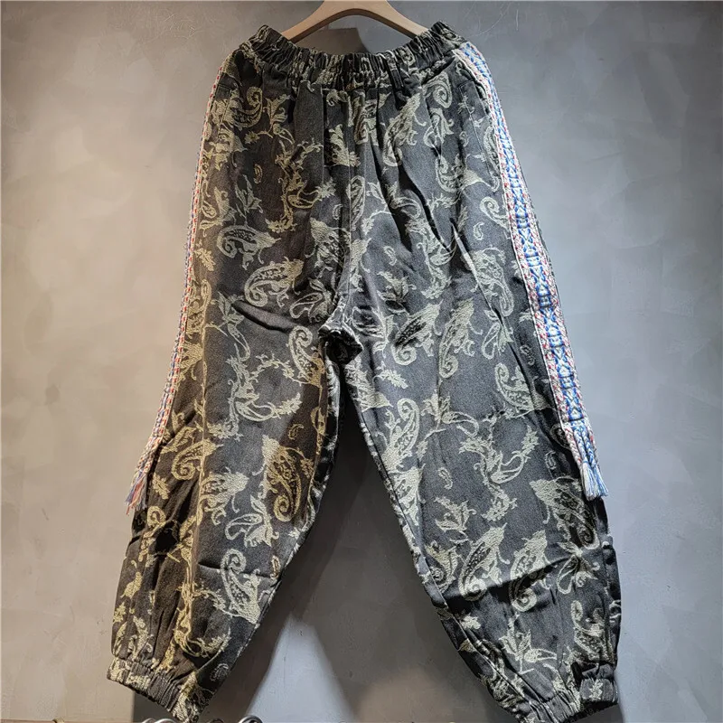 WTHT New Fashion Women's Contrast Color Knit Spliced Hooded Denim Jacket Elastic Waist Harem Pants Female 2025 Autumn 1LS2624
