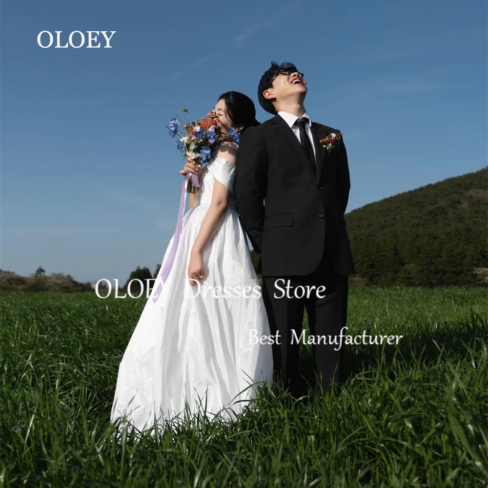 

OLOEY A Line Ivory Wedding Dress Korea Photoshoot One Shoulder Pleats Satin Bridal Gown Simple Floor Length Custom Made