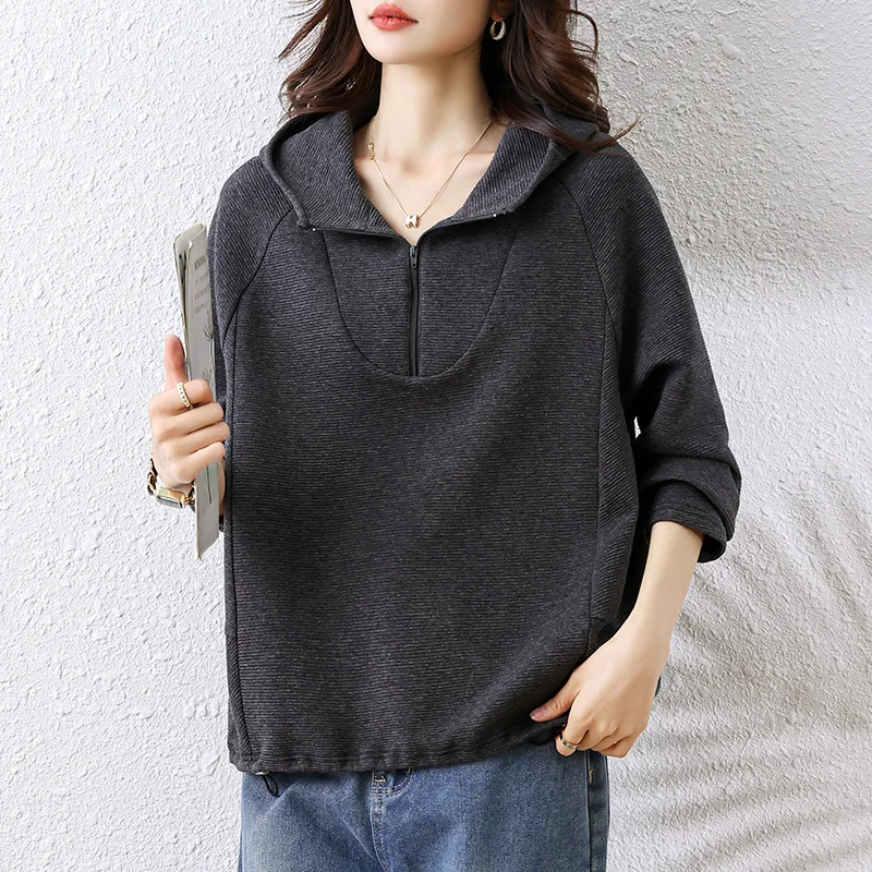 

Толстовки оверсайз, пуловеры на молнии с длинными рукавами, темно-серые топы, джемперы, женские толстовки