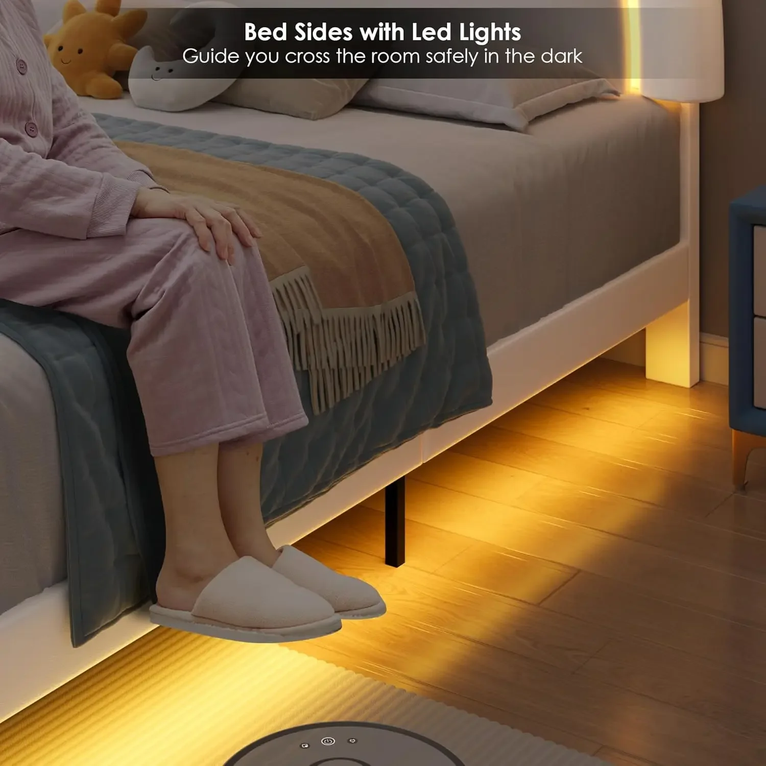 Full LED Bed Frame with 2 Storage Drawers & Adjustable Semicircle Headboard, Faux Leather Upholstered Platform Bed Frame for Kid