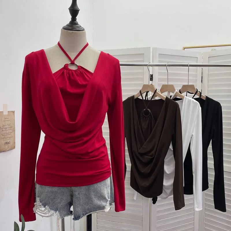 

SsTss Spring Autumn Long Sleeve T-Shirt Women Fashion Solid Halter Swing Collar Long Sleeve Slim Fit One-piece Top Streetwear