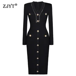 ZJYT Designer Runway Fashion Sheath Bodycon Knitting Sweater Dresses for Women V Neck Buttons Midi Party Dress Spring 2025 New