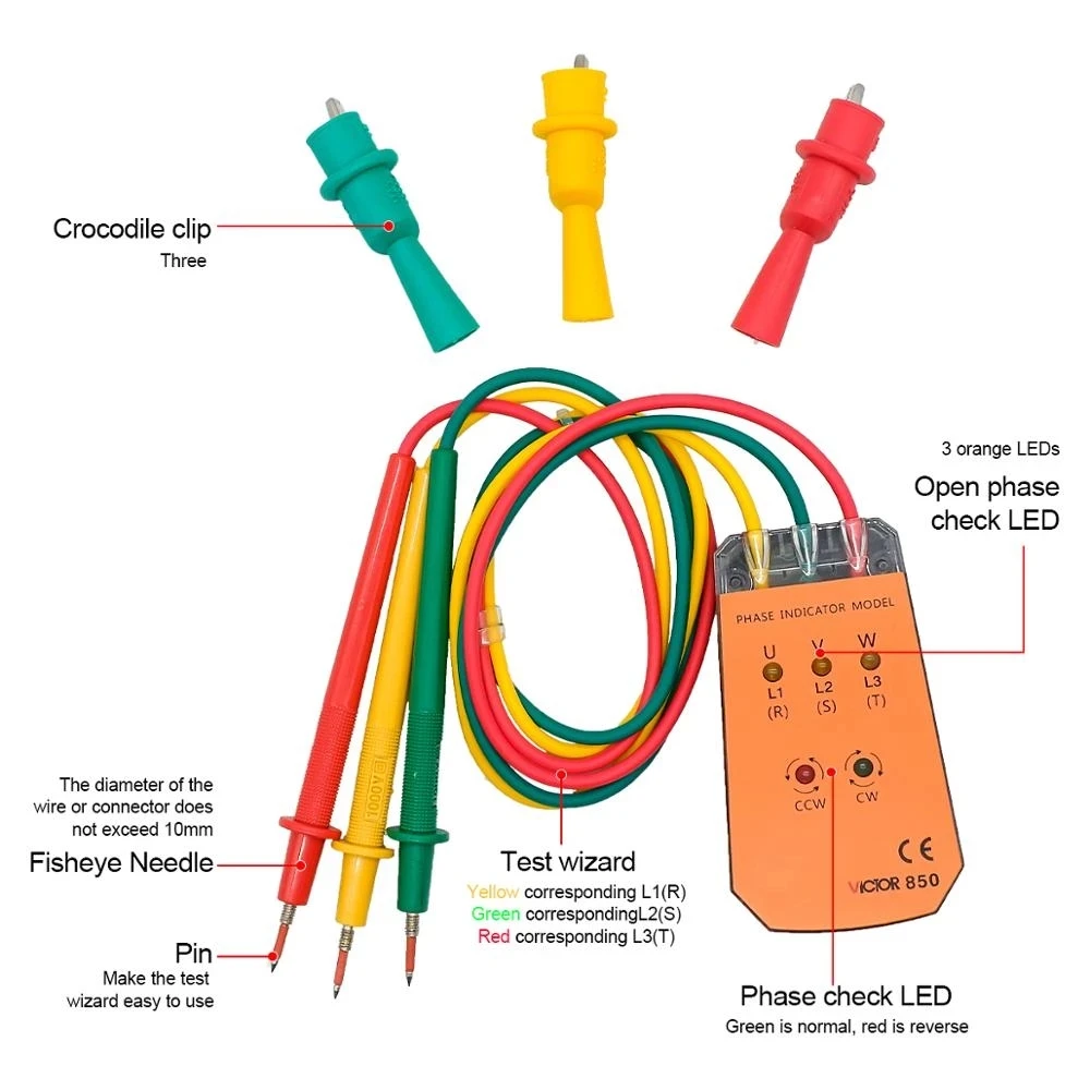 RuoShui 850 Three Phase Indicator cable tracker Rotation Phase Sequence Tester with LED Light Indicator 200V- 400V Voltage Meter