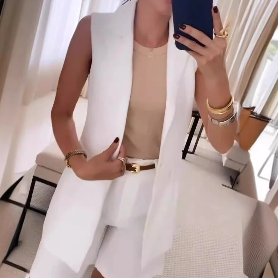 Women Two Piece Short Sets Sleeveless V Neck Elegant Blazer Turn Down Collar Shorts Suit White Elegant Summer Matching Sets